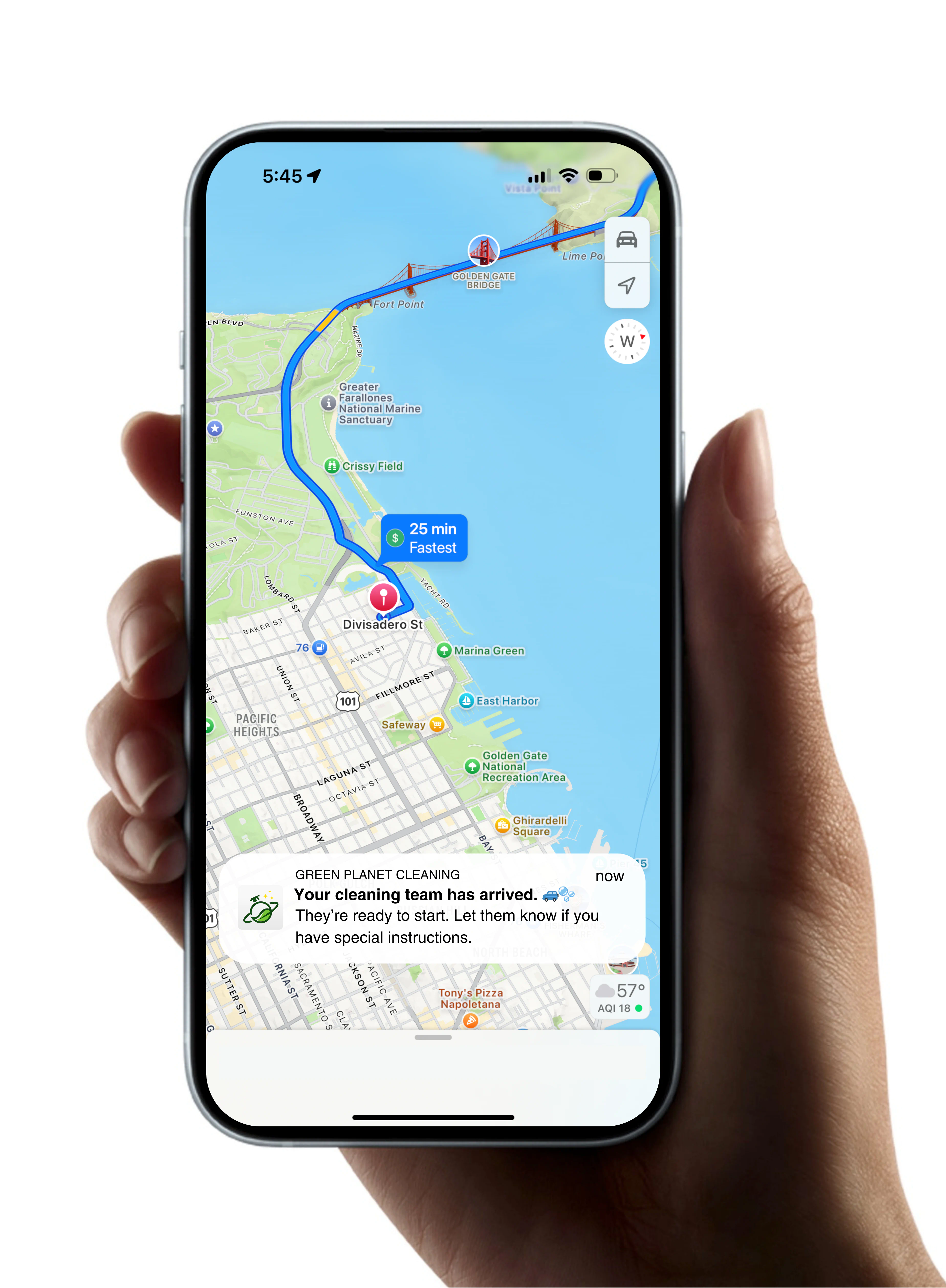 Cleantified team arrival notification on phone map