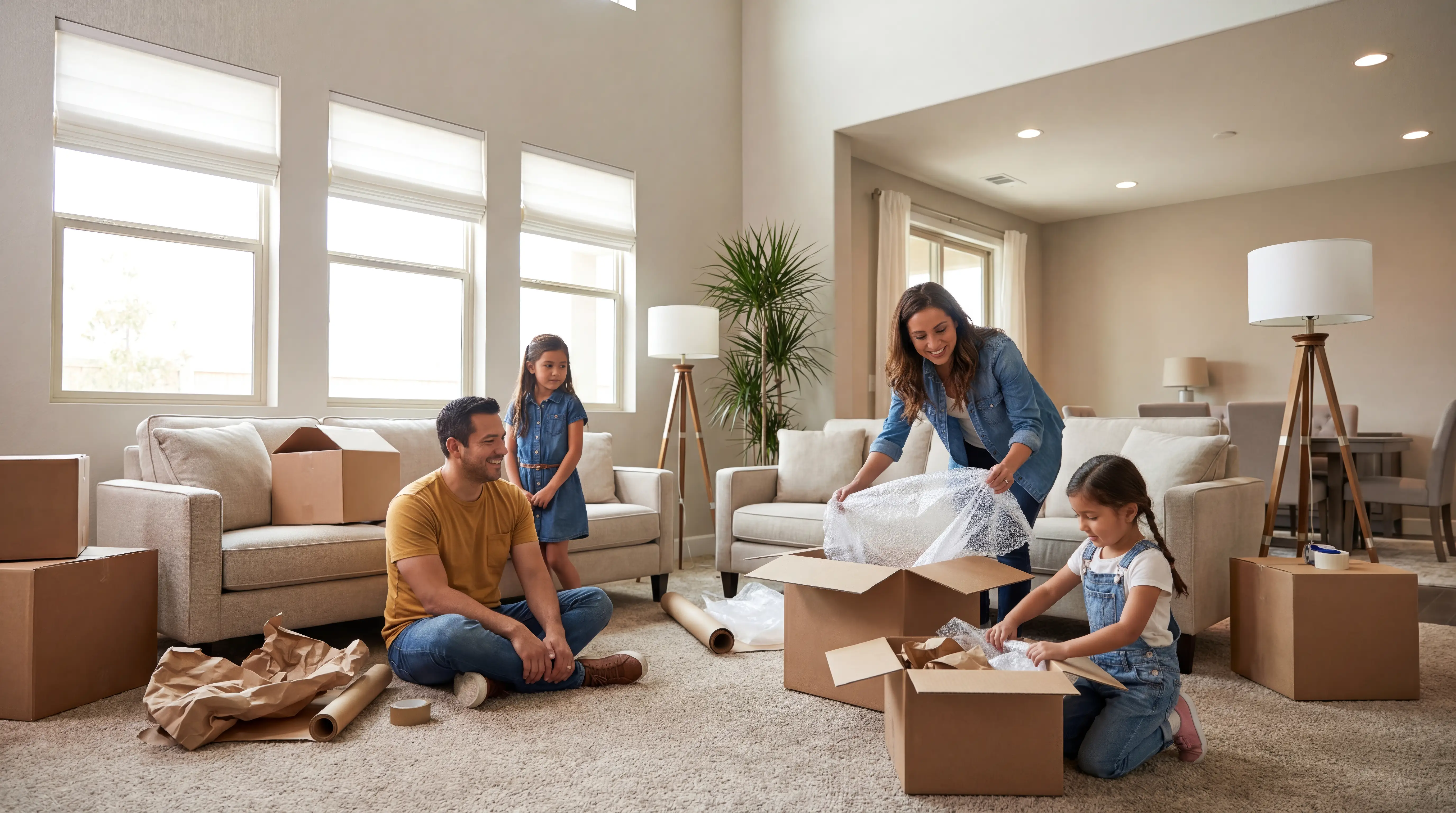Family moving into a new clean home